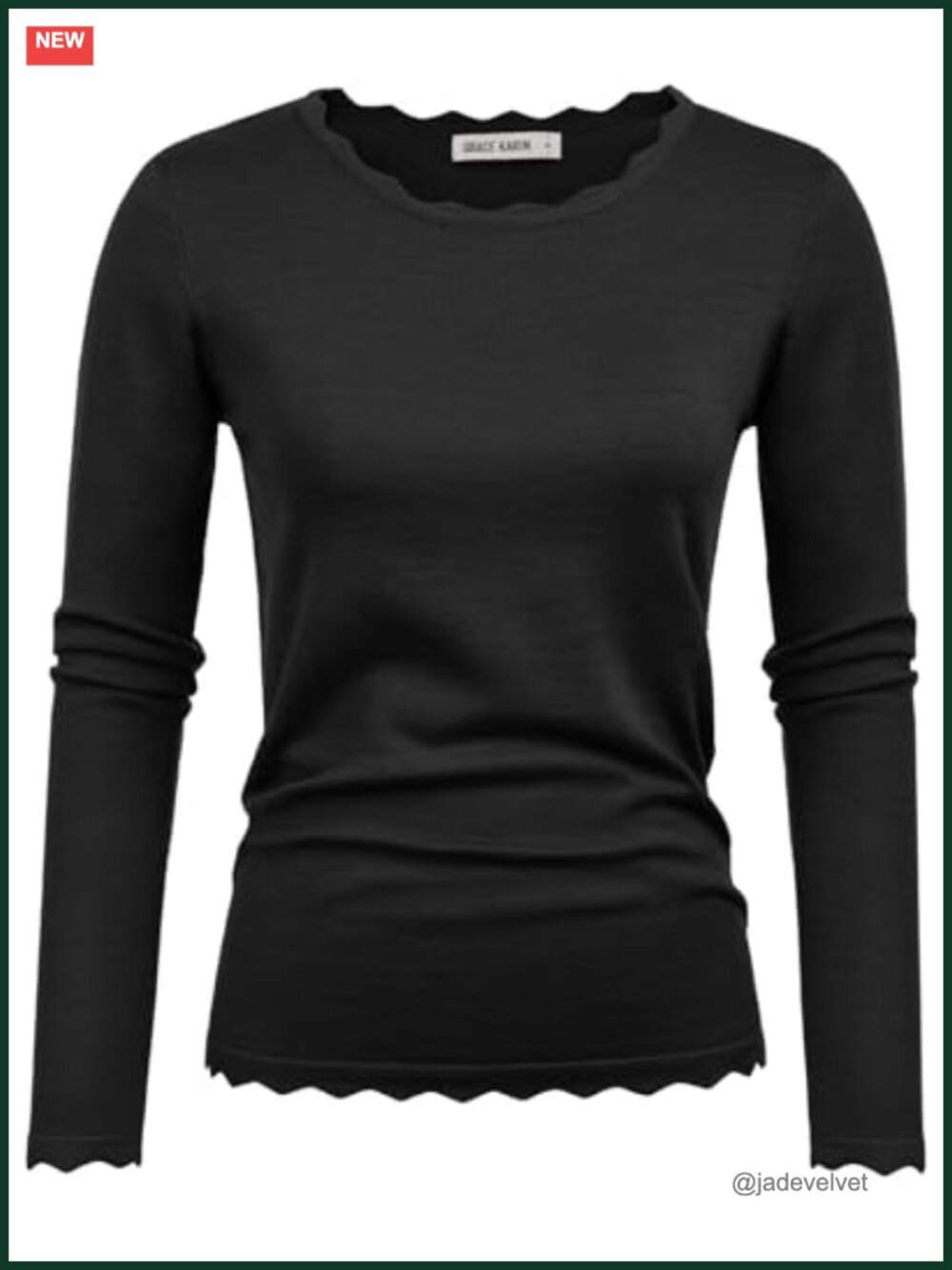 Scalloped Trim Long Sleeve Pullover Sweater Business Casual Top